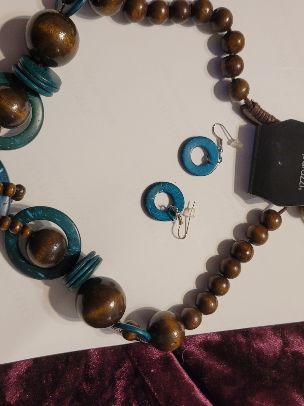 paparazzi Brown Wood Bead Necklace with Teal Accent Hoops